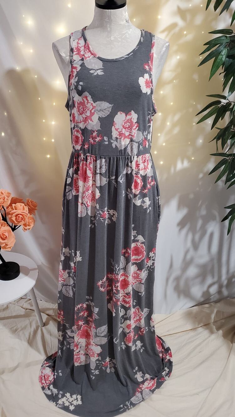Egs Eloges Floral Sleeveless Jersey Knit Stretchy Maxi Tank Dress Plus Size 1XL